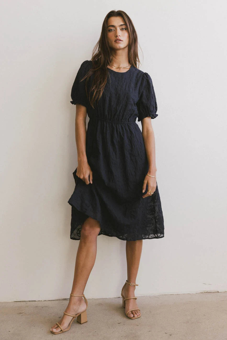 Cecy Embroidered Midi Dress in Navy - FINAL SALE
