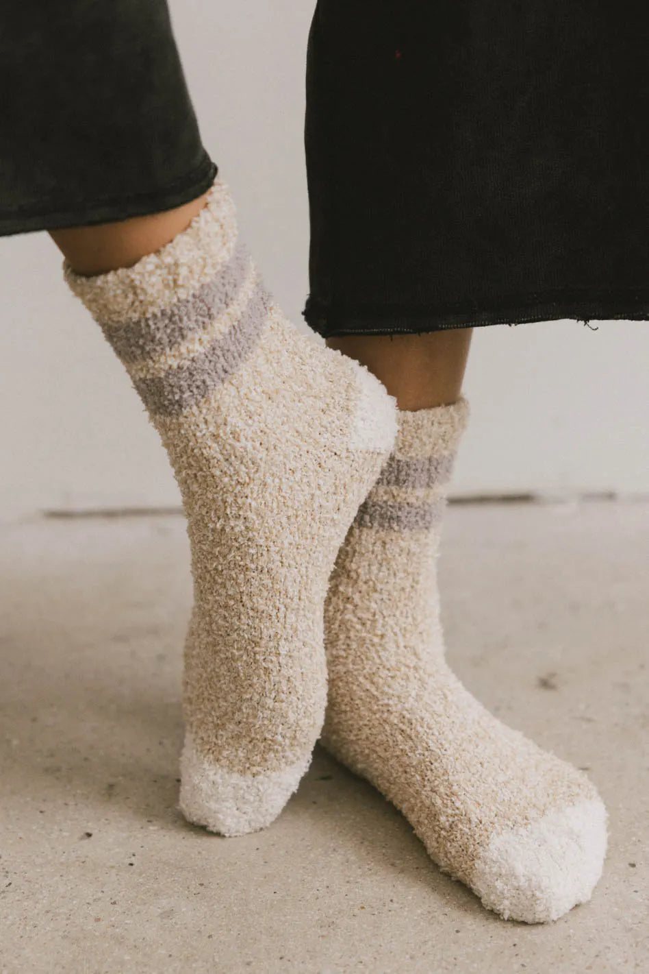 Fuzzy Striped Socks in Beige - FINAL SALE