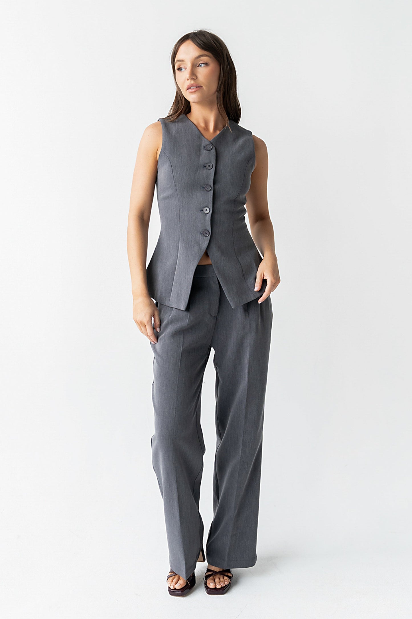 Carrie Button Up Vest in Charcoal