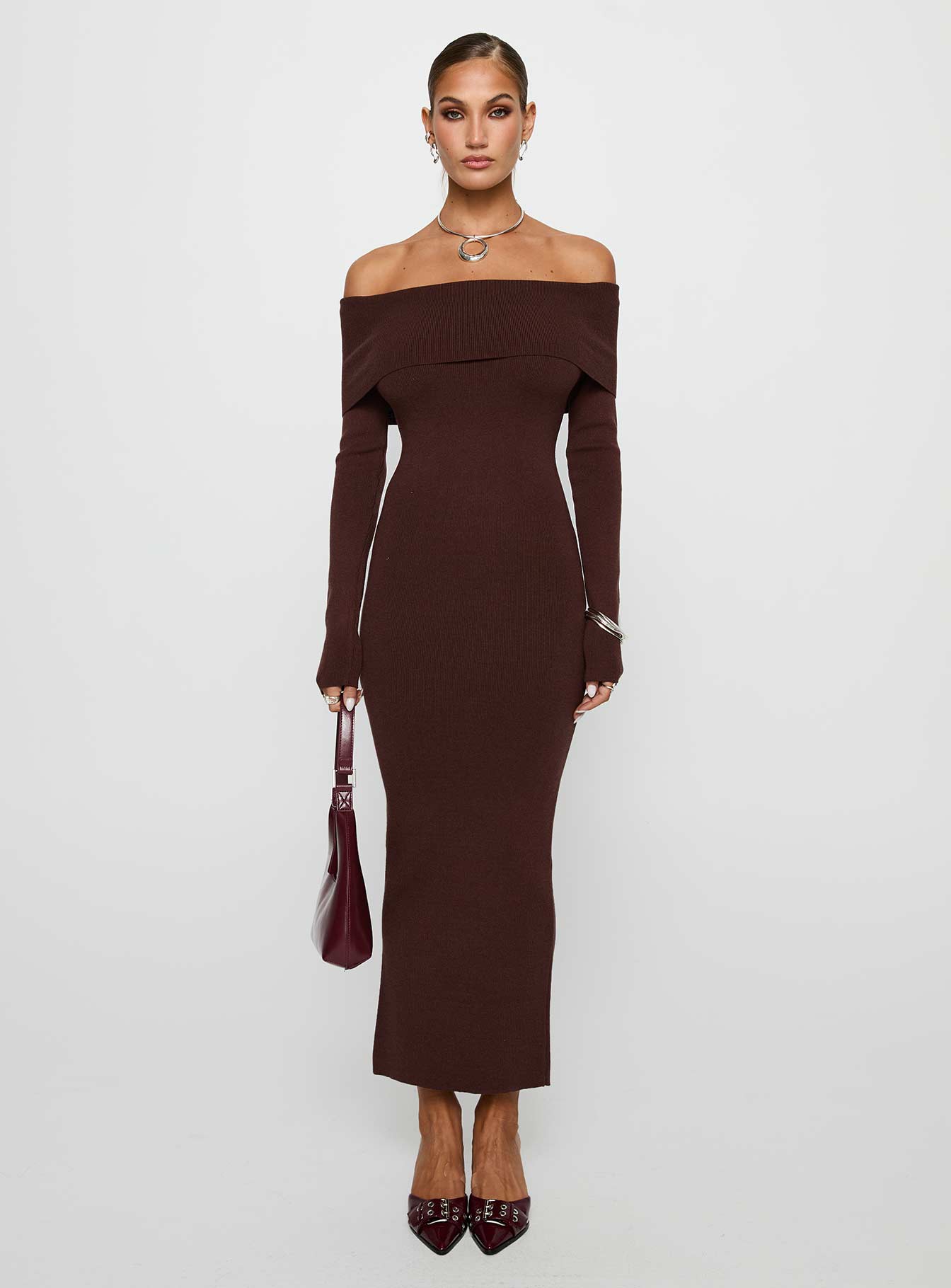 Celestara Long Sleeve Off Shoulder Maxi Dress Chocolate
