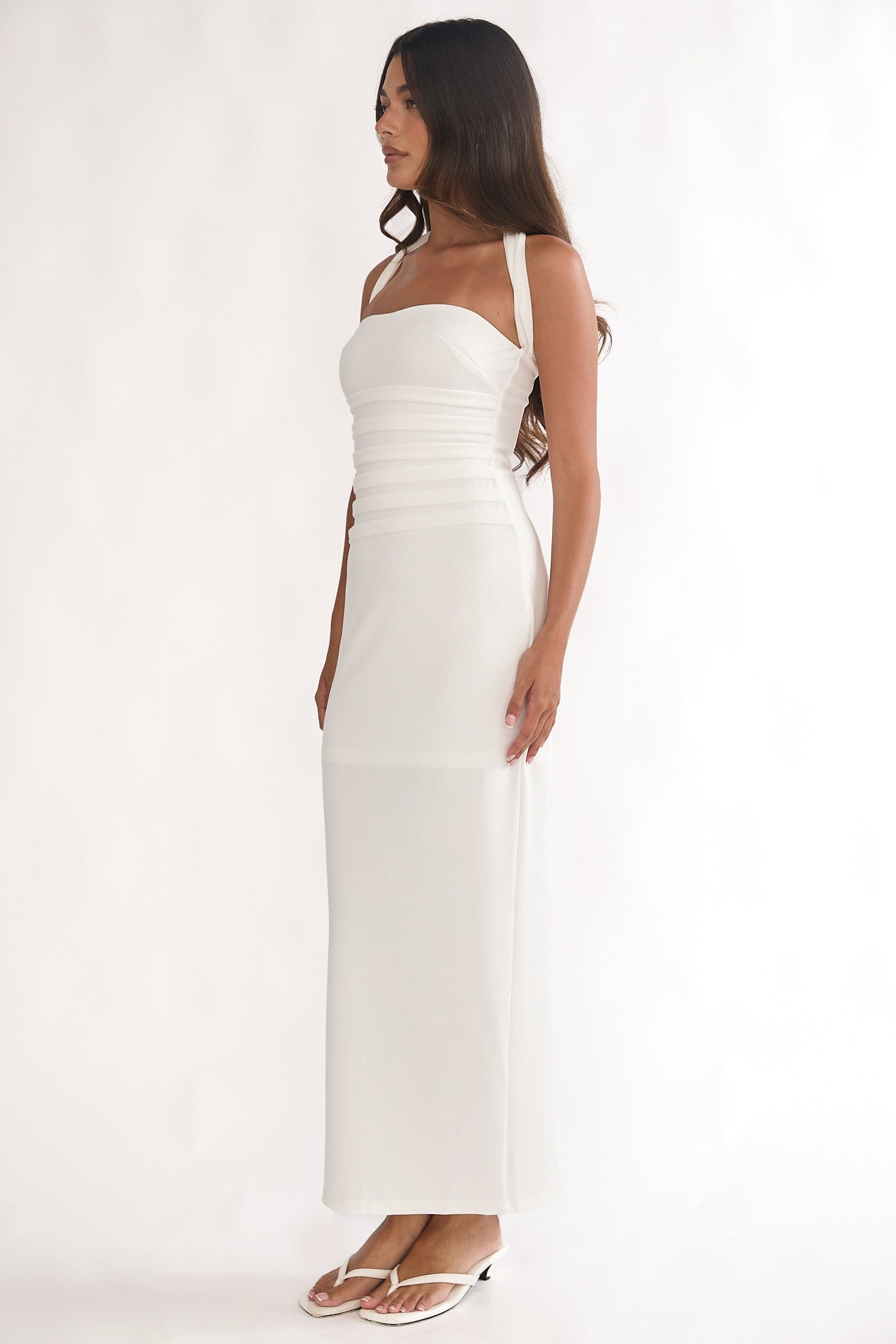 Fly Me To Paris Pleat Bodice Halterneck Maxi Dress White