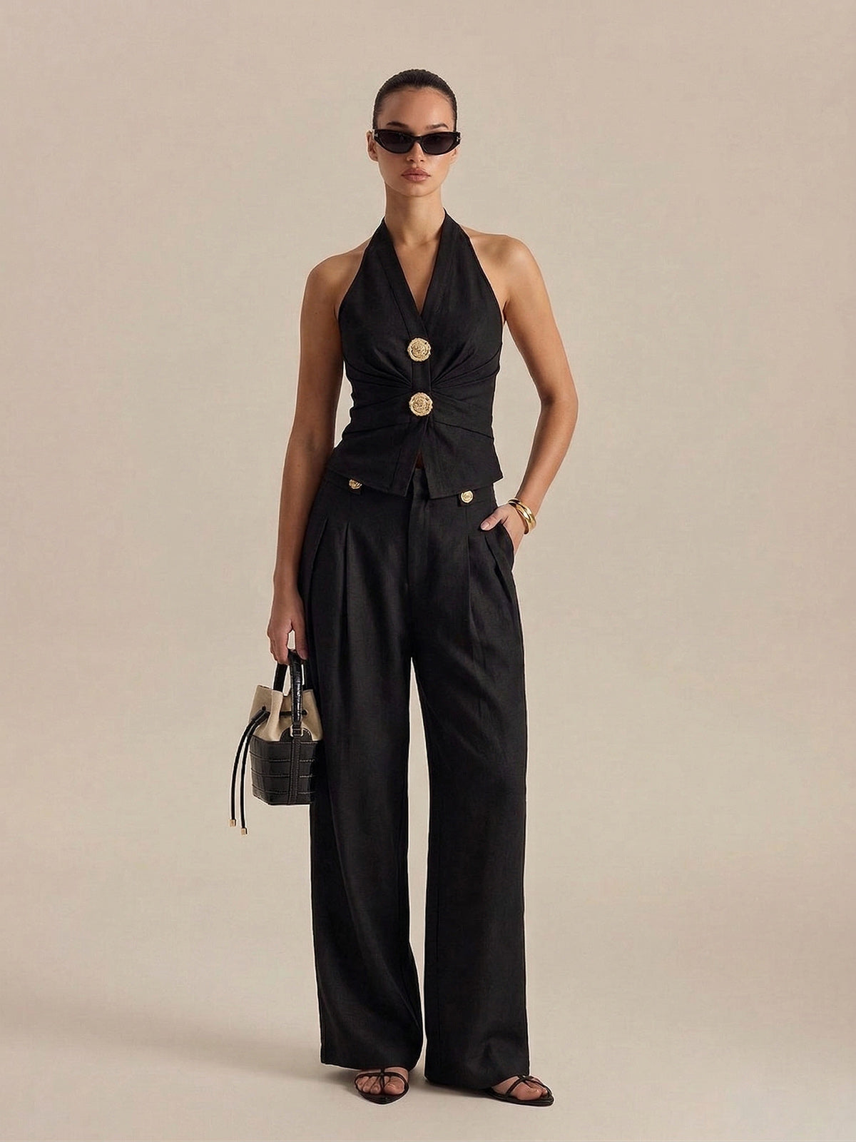 Linen Blend Halter Ruched Top & Pants Set