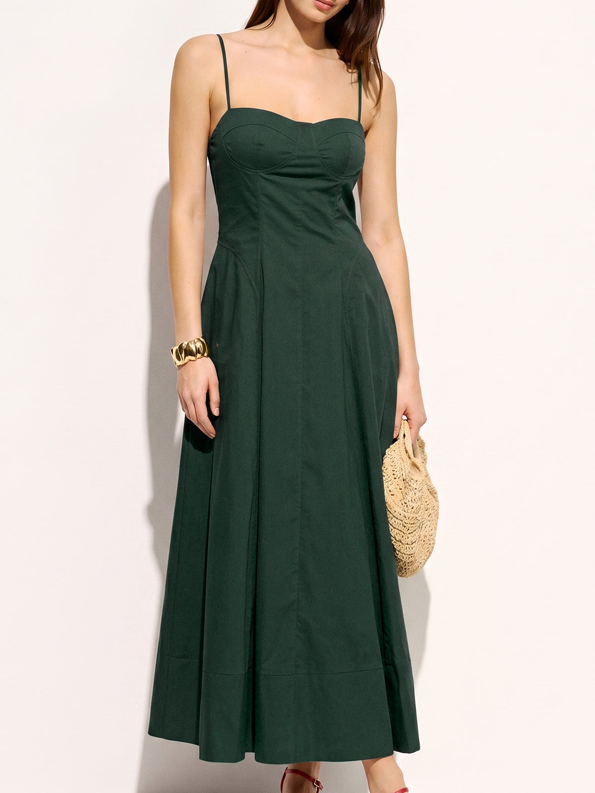 Cotton Blend Pocketed Cami Flared Maxi Dress
