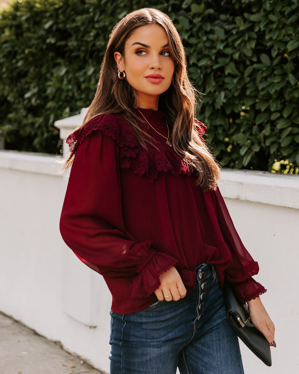 Eleanora Crochet Ruffle Blouse - Wine