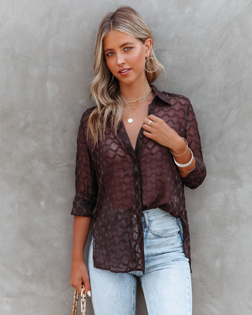 Eleventh Hour Textured Button Down Blouse - Brown