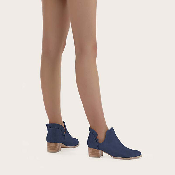 Cutout Slip on Ankle Boots Ruffle Chunky Heel Short Booties