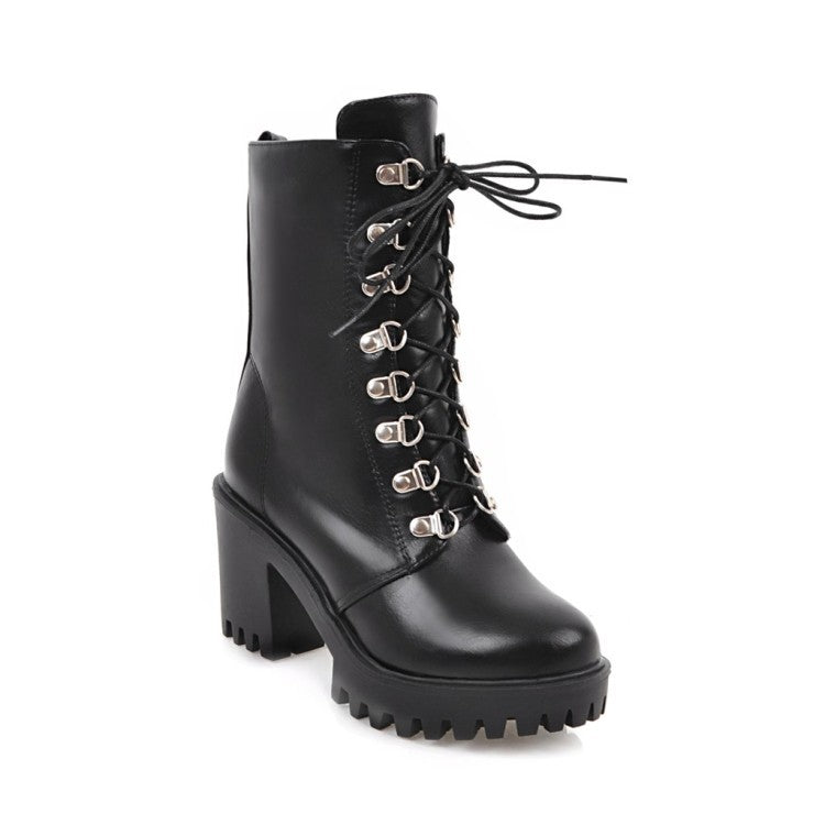 Black Chunky Platform Combat Booties Block Heel Ankle Boots