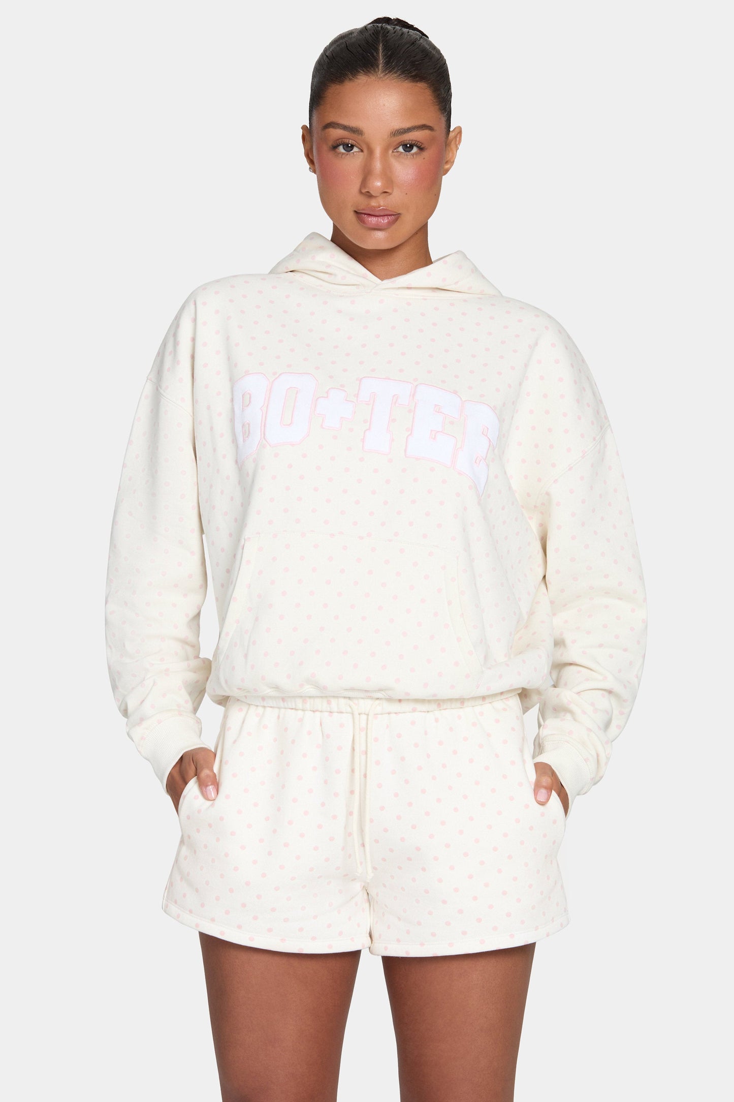 Oversized Applique Hoodie in Blush Polka Dot
