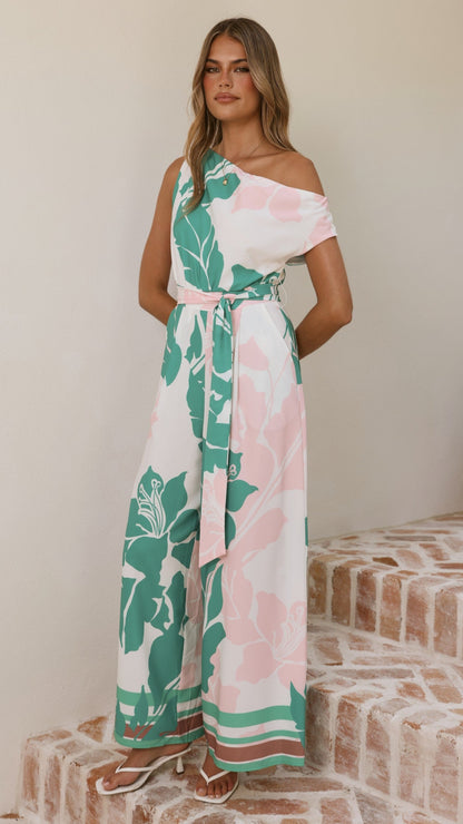 Oasis One Shoulder Jumpsuit - Pink/Green