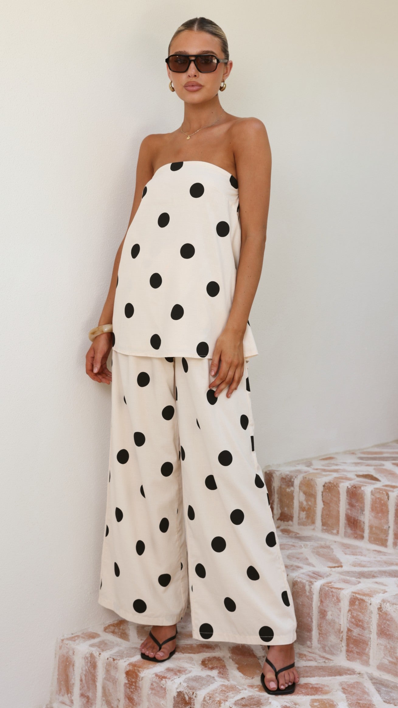 Hazelle Strapless Top - Beige/Black Polka Dot