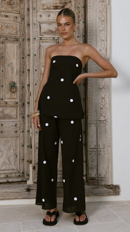 Kailani Strapless Top and Pants Set - Black/White Polka