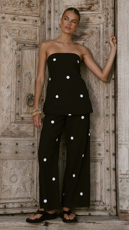 Kailani Strapless Top and Pants Set - Black/White Polka