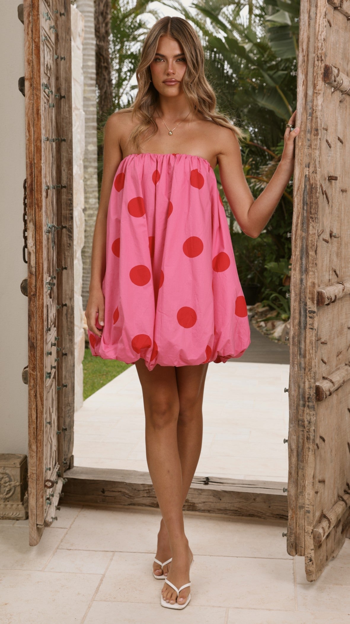 Everly Strapless Mini Dress - Pink/Red Polka