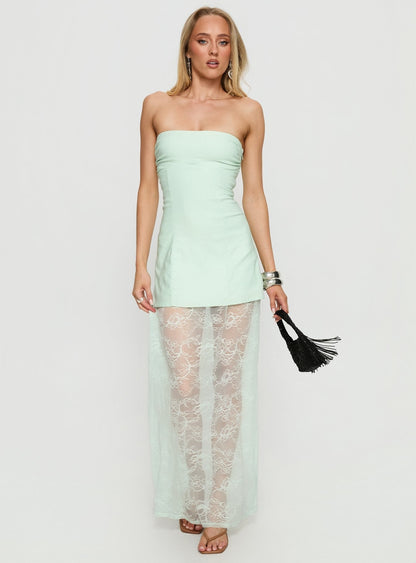 Aleda Sheer Lace Detail Strapless Maxi Dress Sage