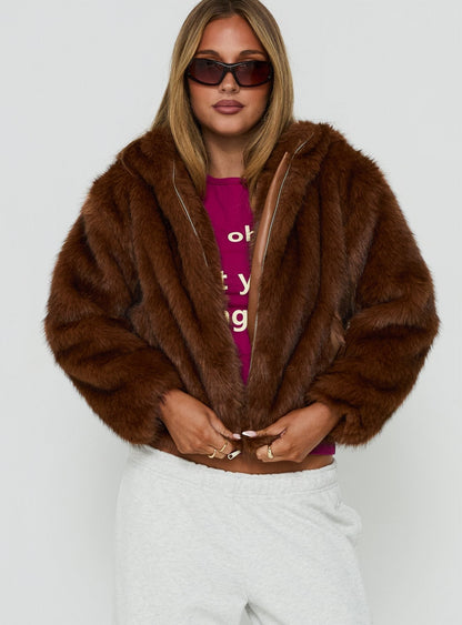 Act Up Faux Fur Hooded Jacket Brown