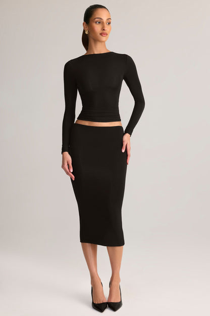 Modal Mid-Rise Pencil Midi Skirt in Black