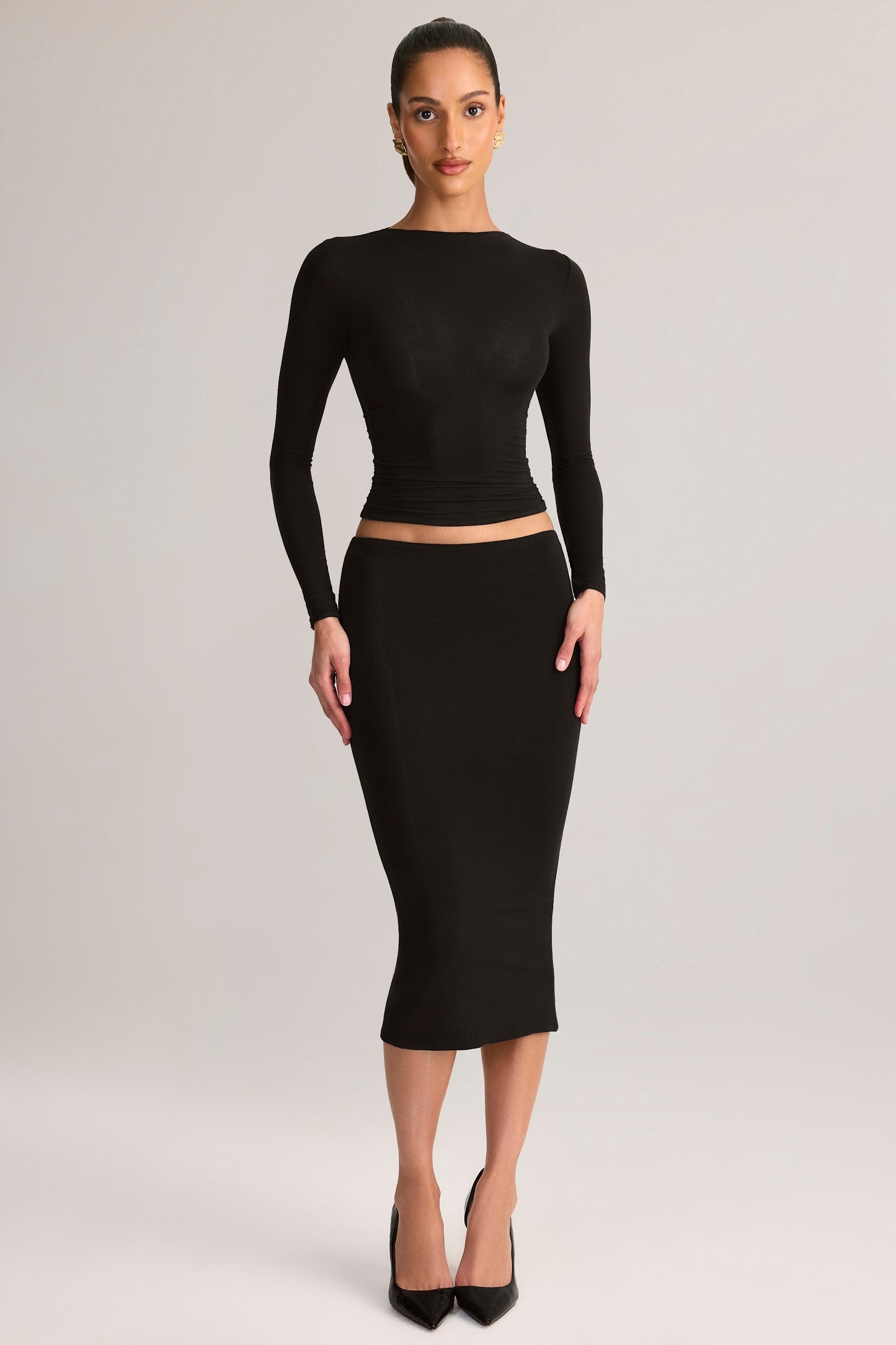 Modal Mid-Rise Pencil Midi Skirt in Black