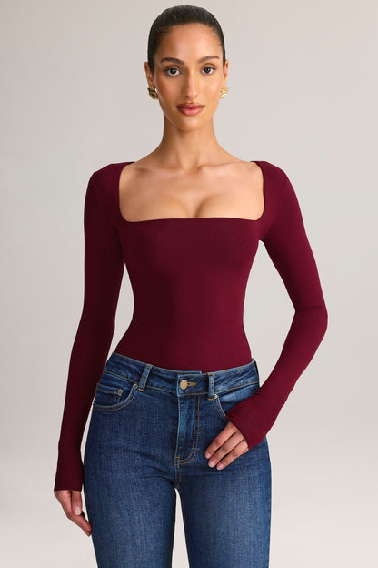Modal Square-Neck Long-Sleeve Top in Wine