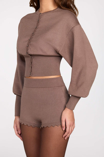 Knit Mid-Rise Mini Shorts in Mocha