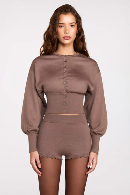 Knit Mid-Rise Mini Shorts in Mocha