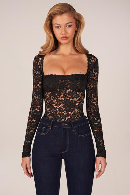 Long-Sleeve Laced Bodysuit in Black