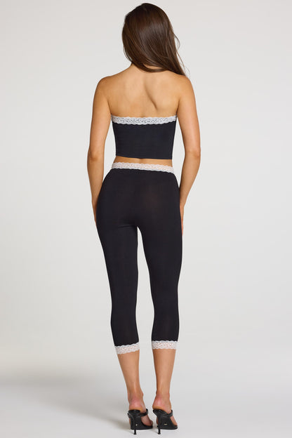 Modal Lace-Trim Mid-Rise Capri Leggings in Black
