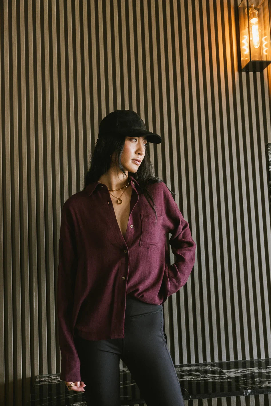 Finley Button Up in Wine - FINAL SALE