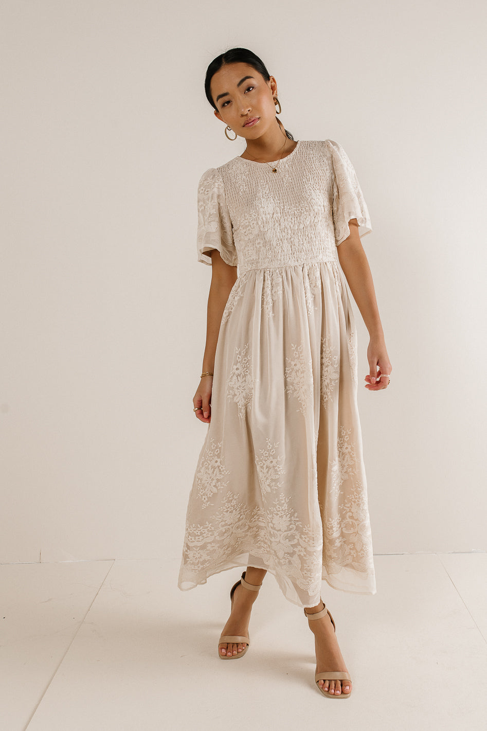 Alora Embroidered Dress in Champagne - FINAL SALE