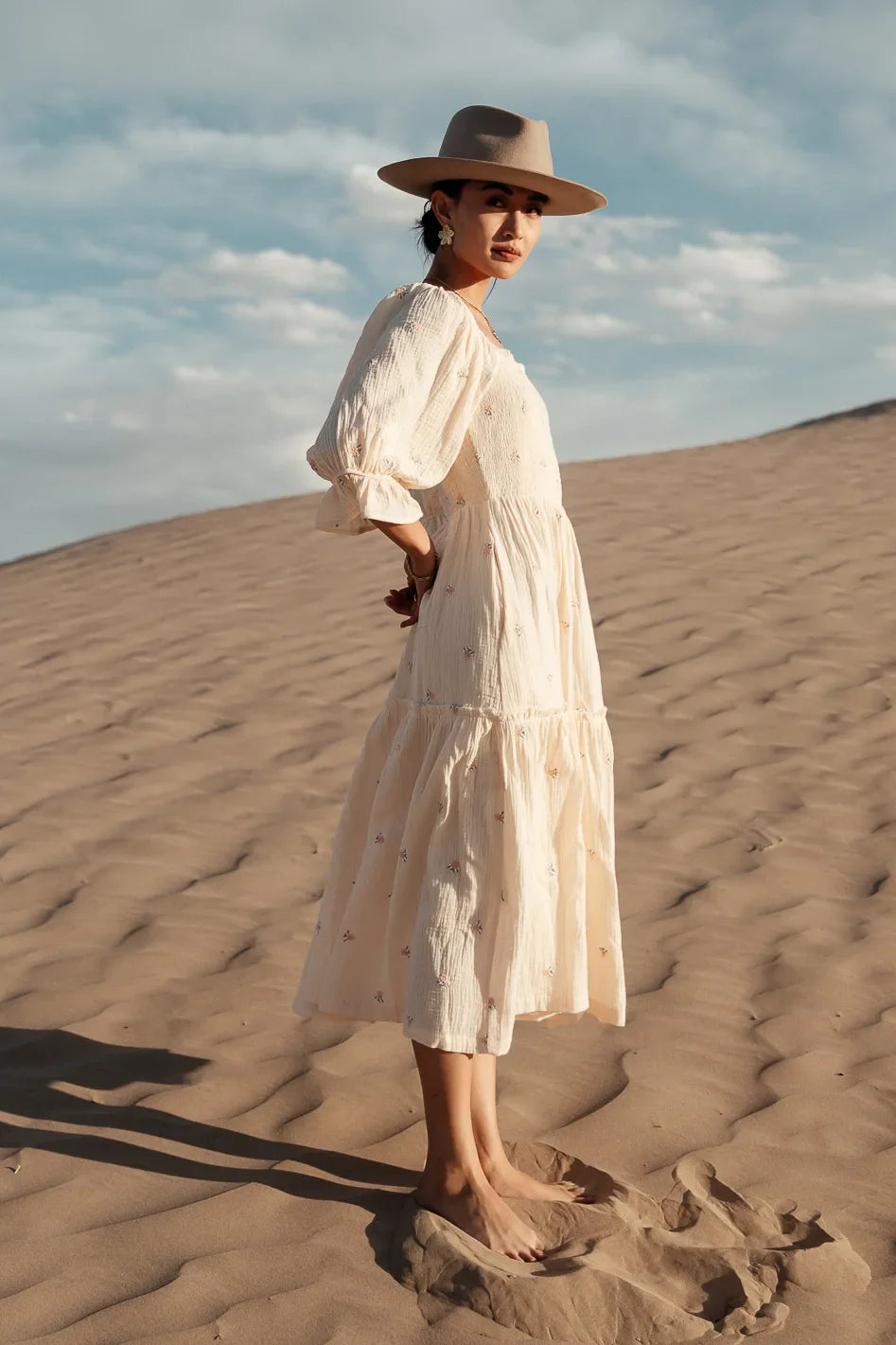 Ditsy Floral Embroidered Dress in Cream - FINAL SALE