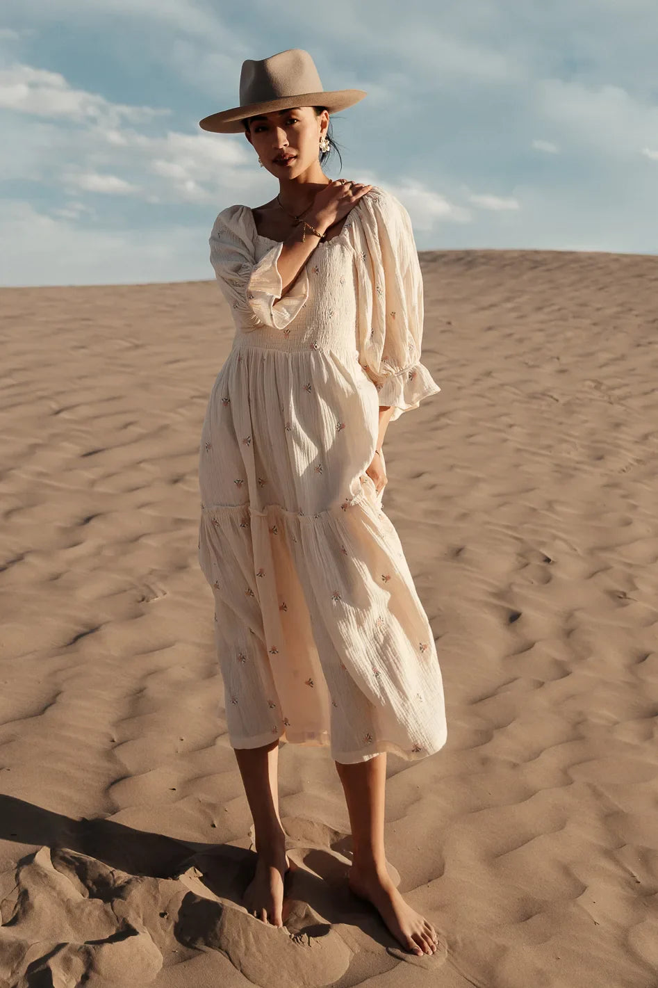Ditsy Floral Embroidered Dress in Cream - FINAL SALE