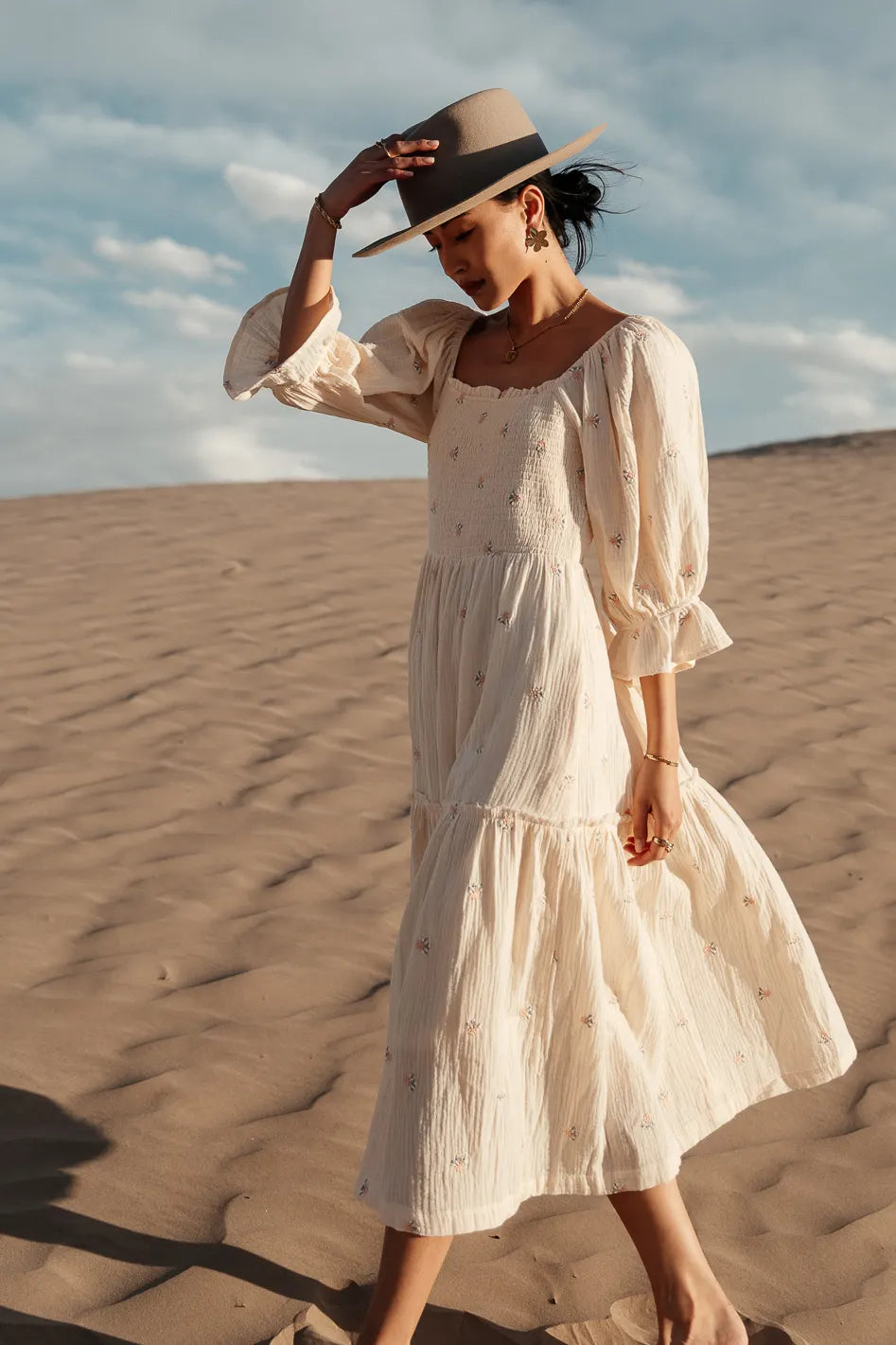 Ditsy Floral Embroidered Dress in Cream - FINAL SALE