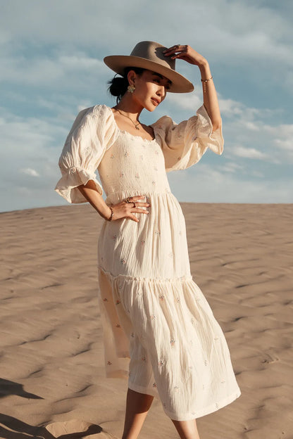 Ditsy Floral Embroidered Dress in Cream - FINAL SALE
