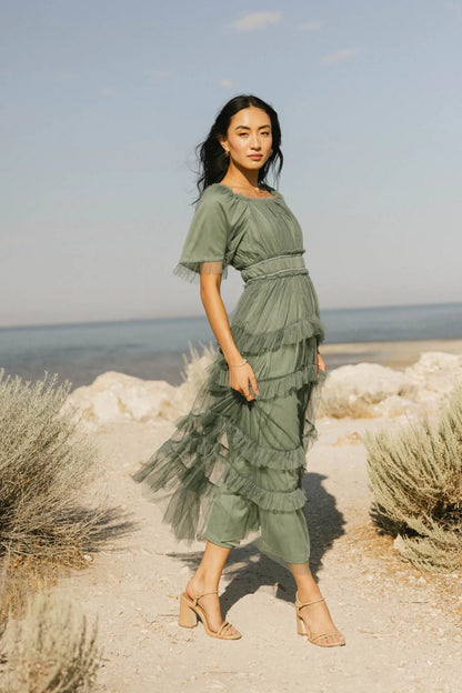 Eugena Ruffled Maxi Dress in Teal