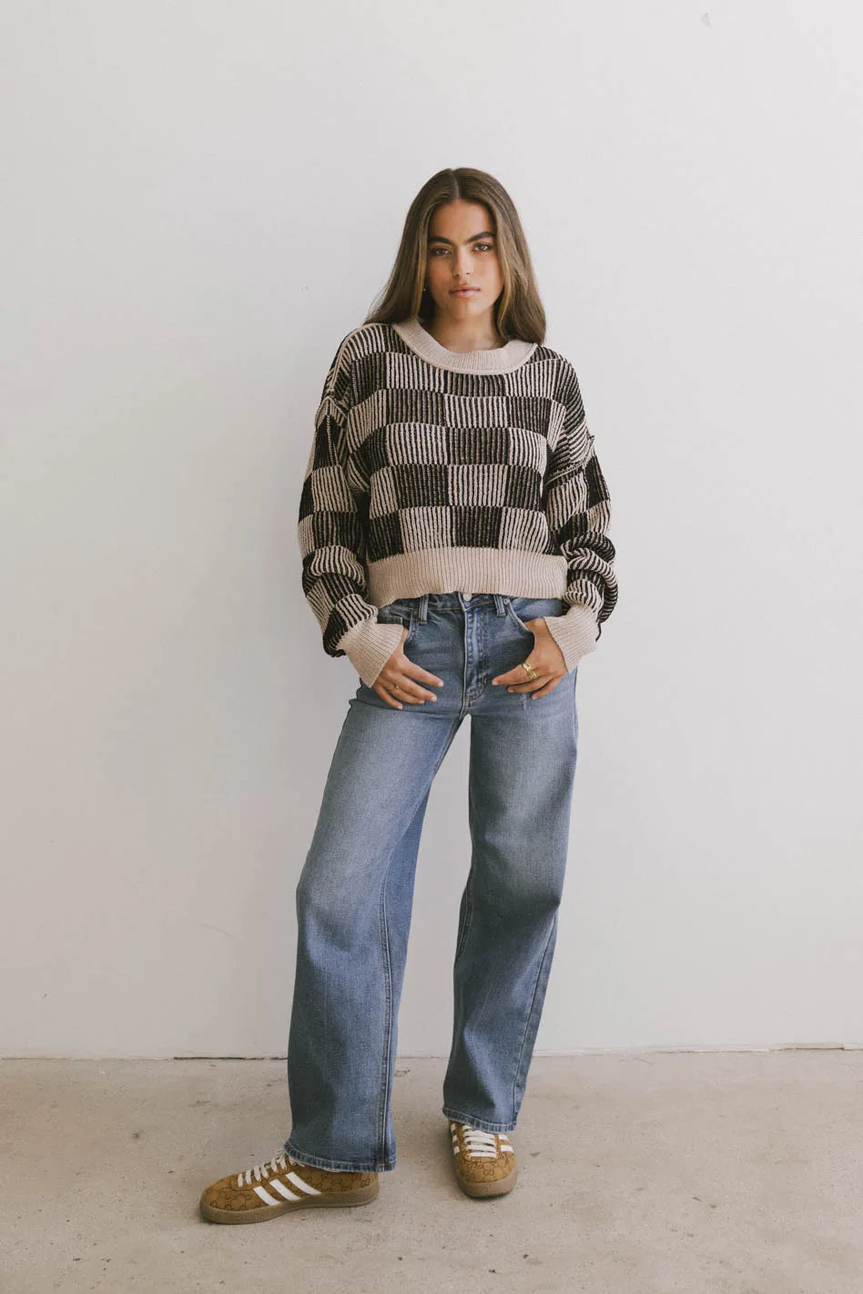 Cielo Checkered Sweater in Taupe - FINAL SALE