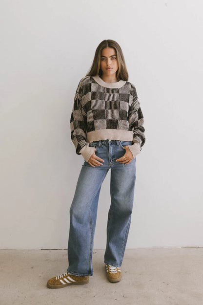 Cielo Checkered Sweater in Taupe - FINAL SALE