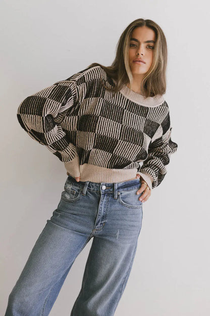Cielo Checkered Sweater in Taupe - FINAL SALE