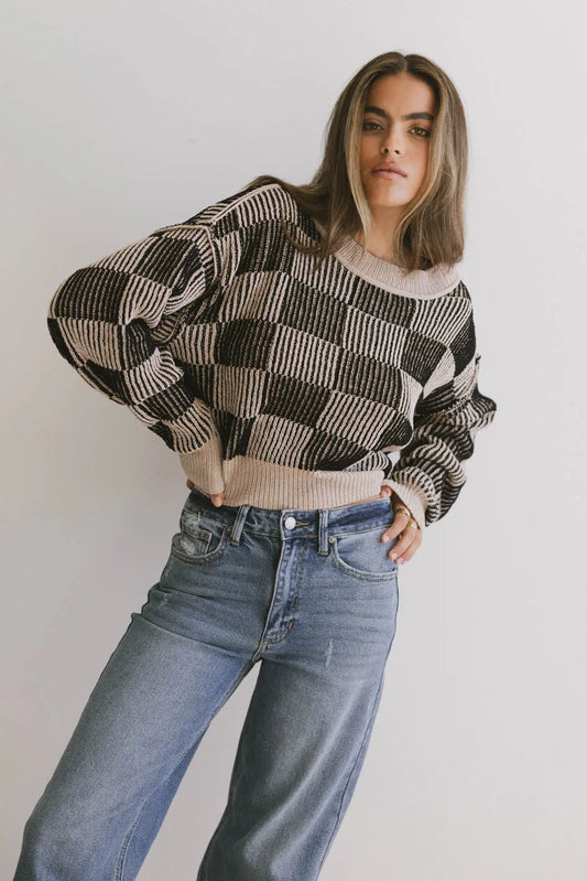 Cielo Checkered Sweater in Taupe - FINAL SALE