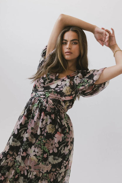 Angelique Floral Tie Dress in Black - FINAL SALE