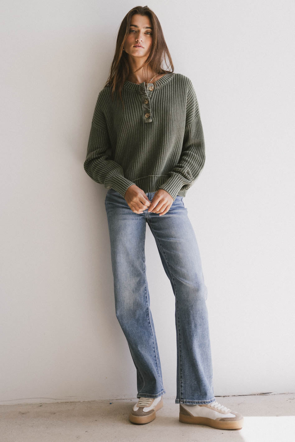 Inda Henley Sweater in Olive - FINAL SALE