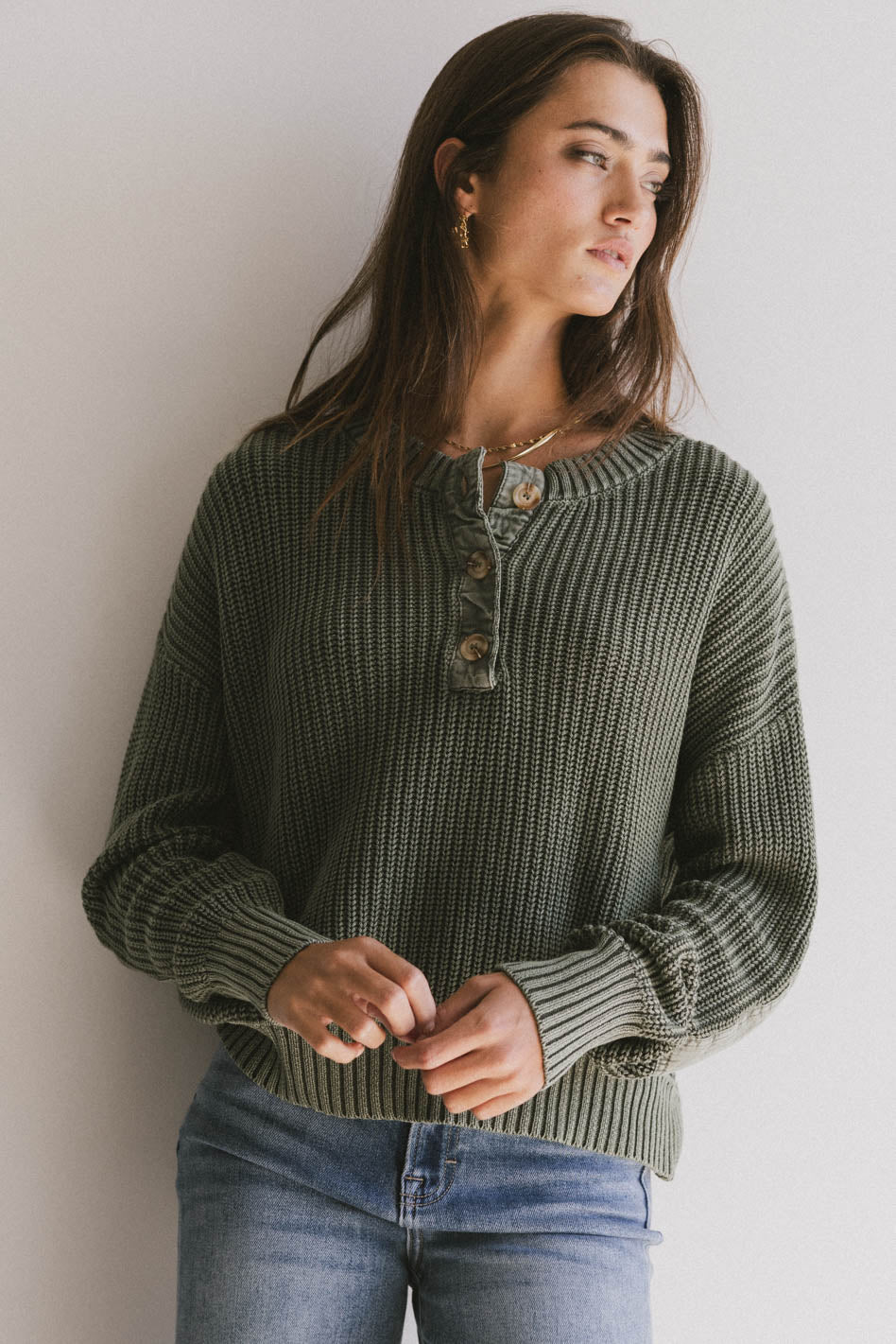 Inda Henley Sweater in Olive - FINAL SALE