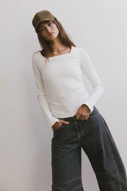Cosette Ribbed Ruched Top in White - FINAL SALE