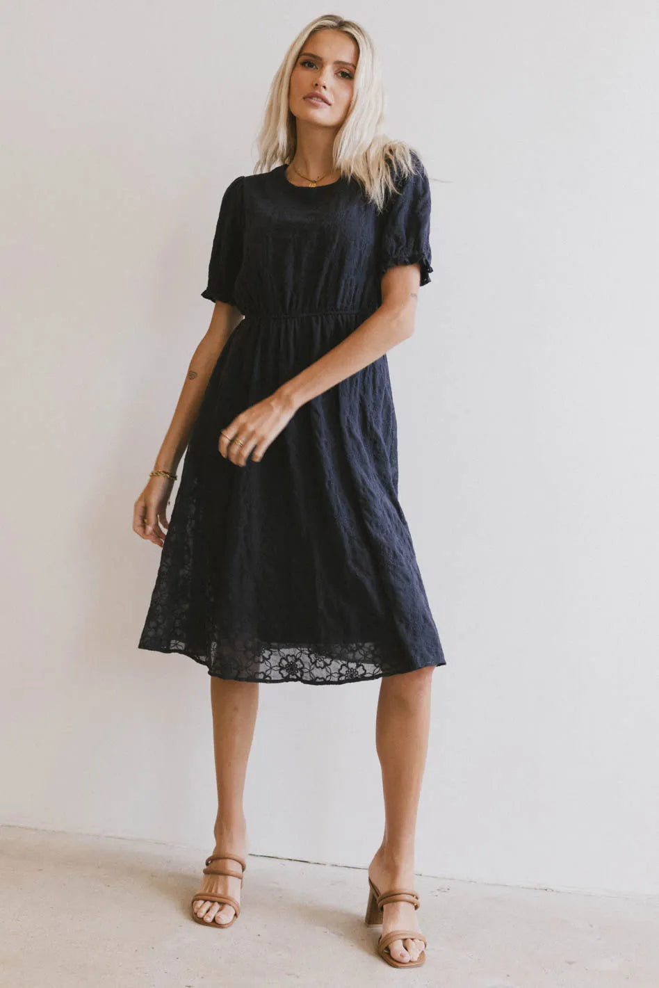 Cecy Embroidered Midi Dress in Navy - FINAL SALE