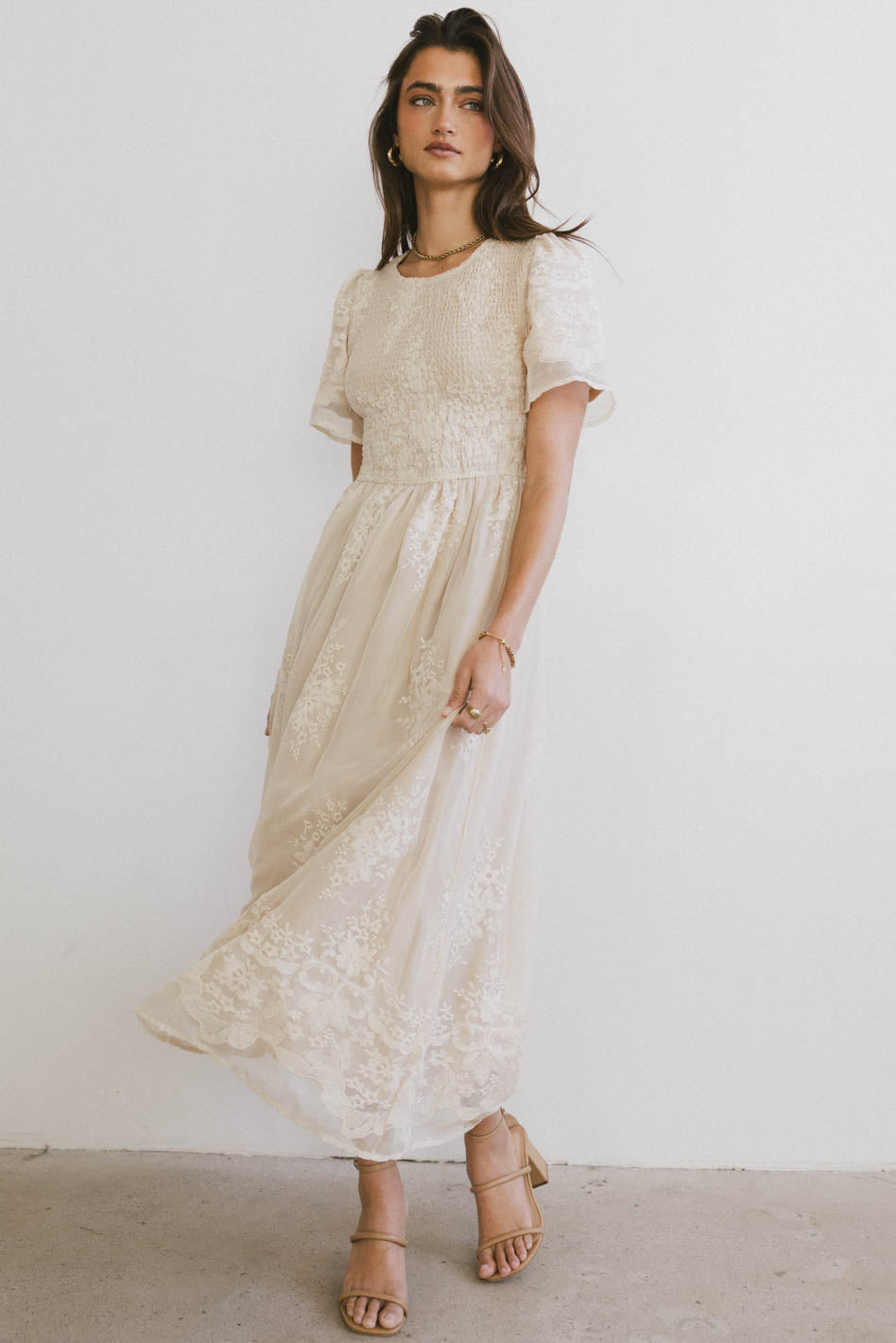 Alora Embroidered Dress in Champagne - FINAL SALE