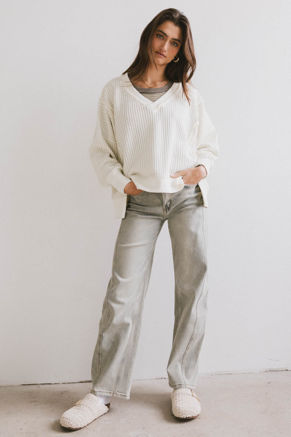 Ellis Waffle Knit Top in Cream - FINAL SALE