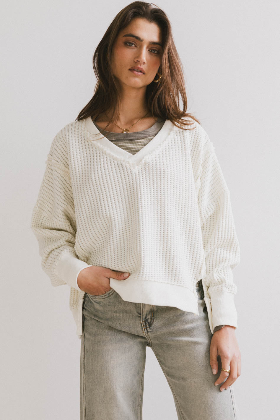 Ellis Waffle Knit Top in Cream - FINAL SALE