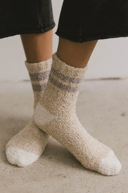 Fuzzy Striped Socks in Beige - FINAL SALE
