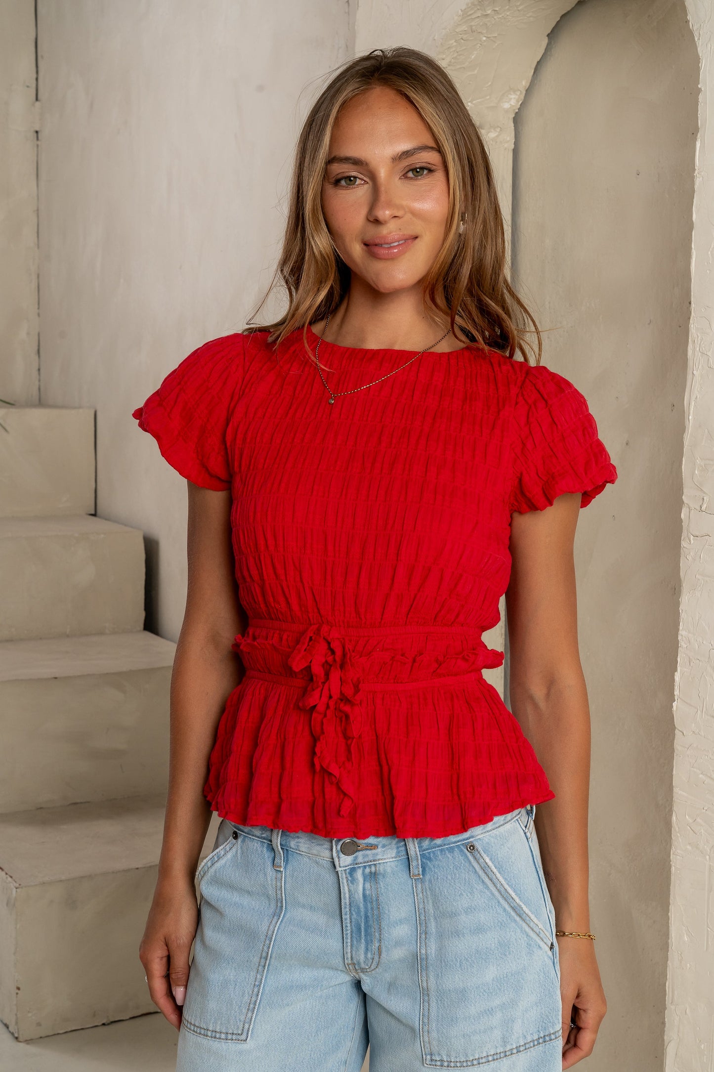 Anya Textured Blouse in Red - FINAL SALE