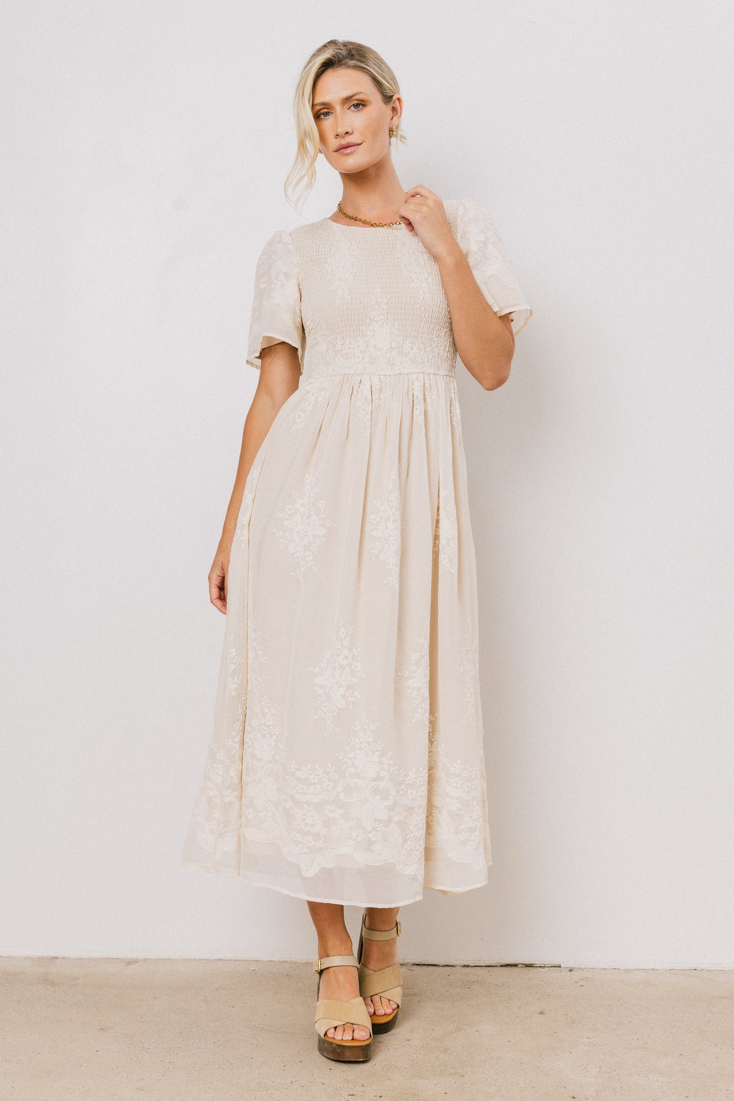 Alora Embroidered Dress in Champagne - FINAL SALE