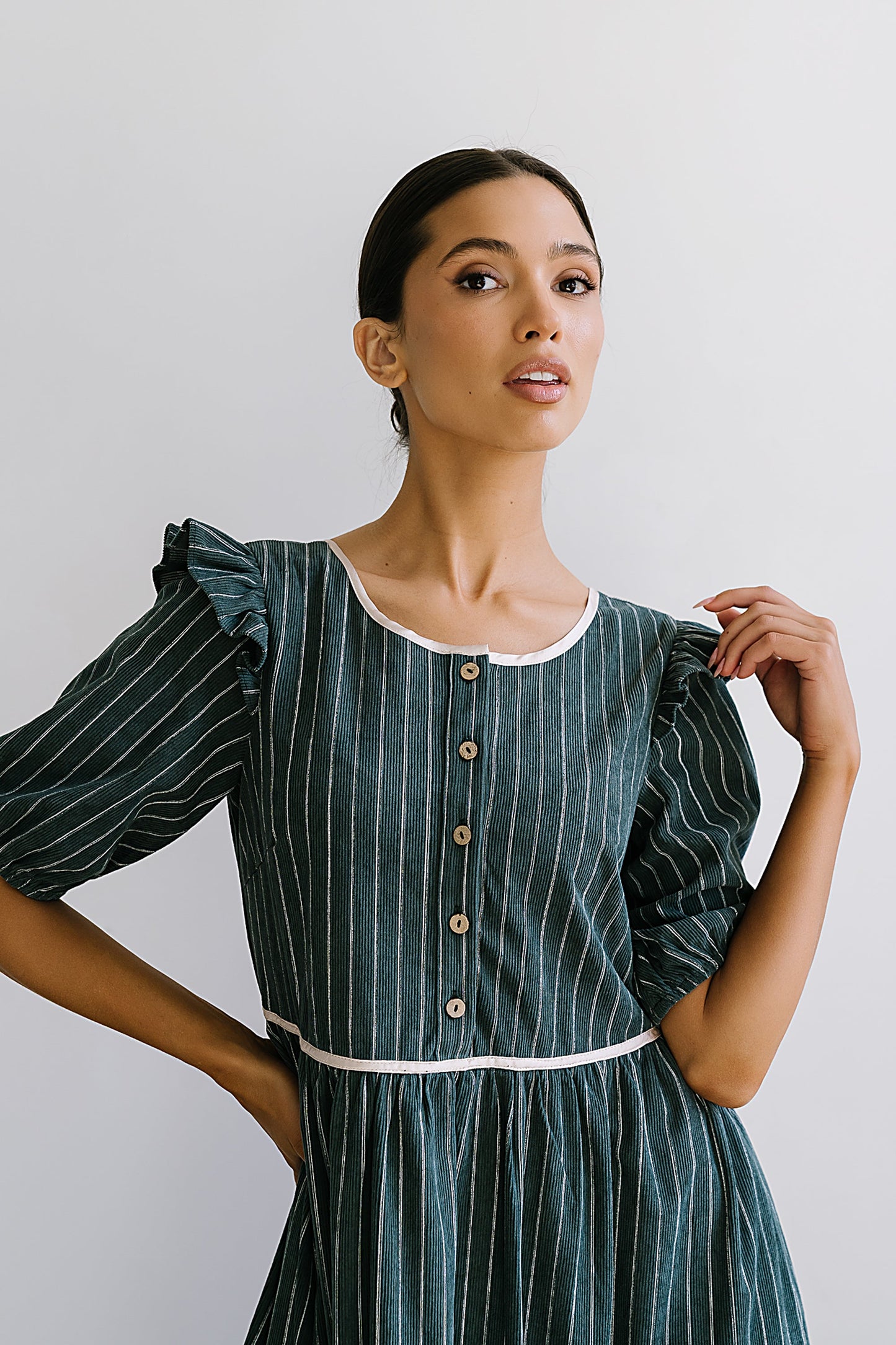 Berlin Corduroy Baby Doll Midi Dress in Green - FINAL SALE