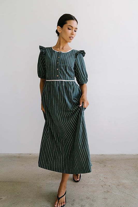 Berlin Corduroy Baby Doll Midi Dress in Green - FINAL SALE